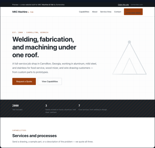 New Somersites preview for MKC Machine & Fab, with welding, fabrication, and machining information.