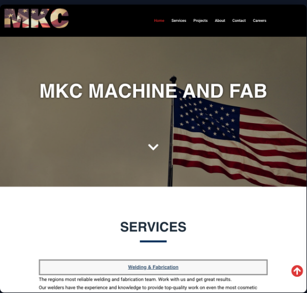 MKC Machine & Fab's previous website, showing an American flag hero image and a services section.